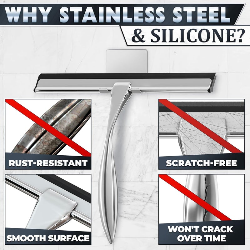 NOVSIX 12 Inch Silver All-Purpose Stainless Steel Shower Squeegee for Shower Glass Door with 2 Hooks (Adhesive & Regular), Bathroom Cleaner Tool, Window & Mirror Squeegee for Tile Walls, Car Glass Surfaces - Image 3